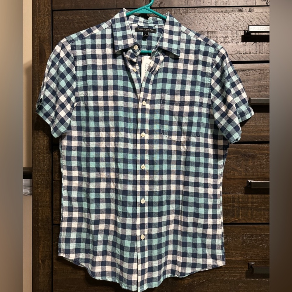 Banana Republic Plaid Button Down Short Sleeve Shirt Teal Blue green - Picture 5 of 7